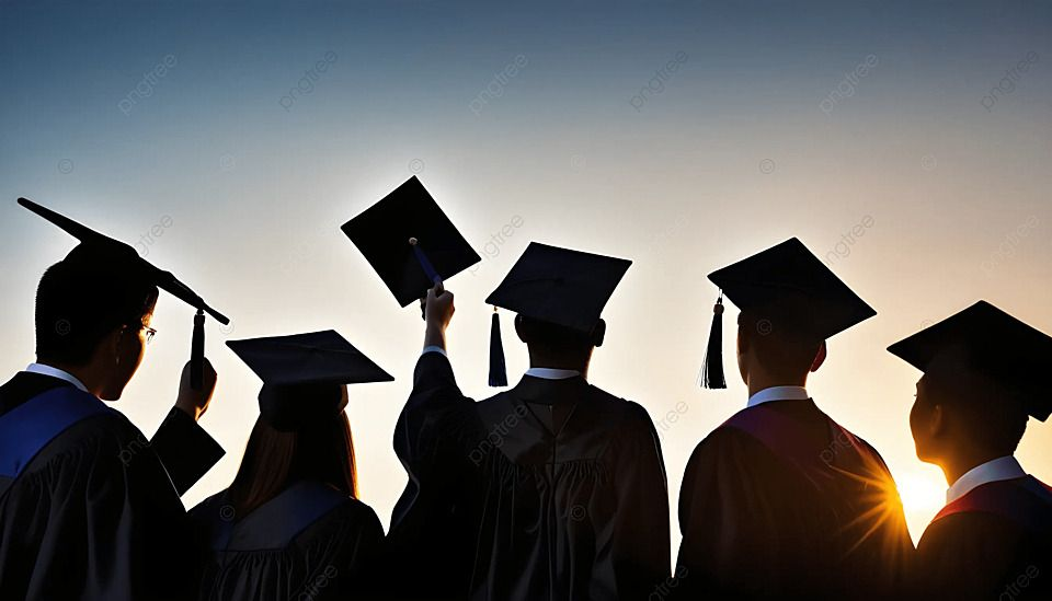 Graduates celebrating at convocation, throwing caps at sunset